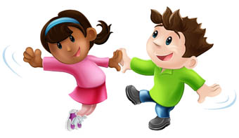 An illustration of two cute happy cartoon dancers dancing together